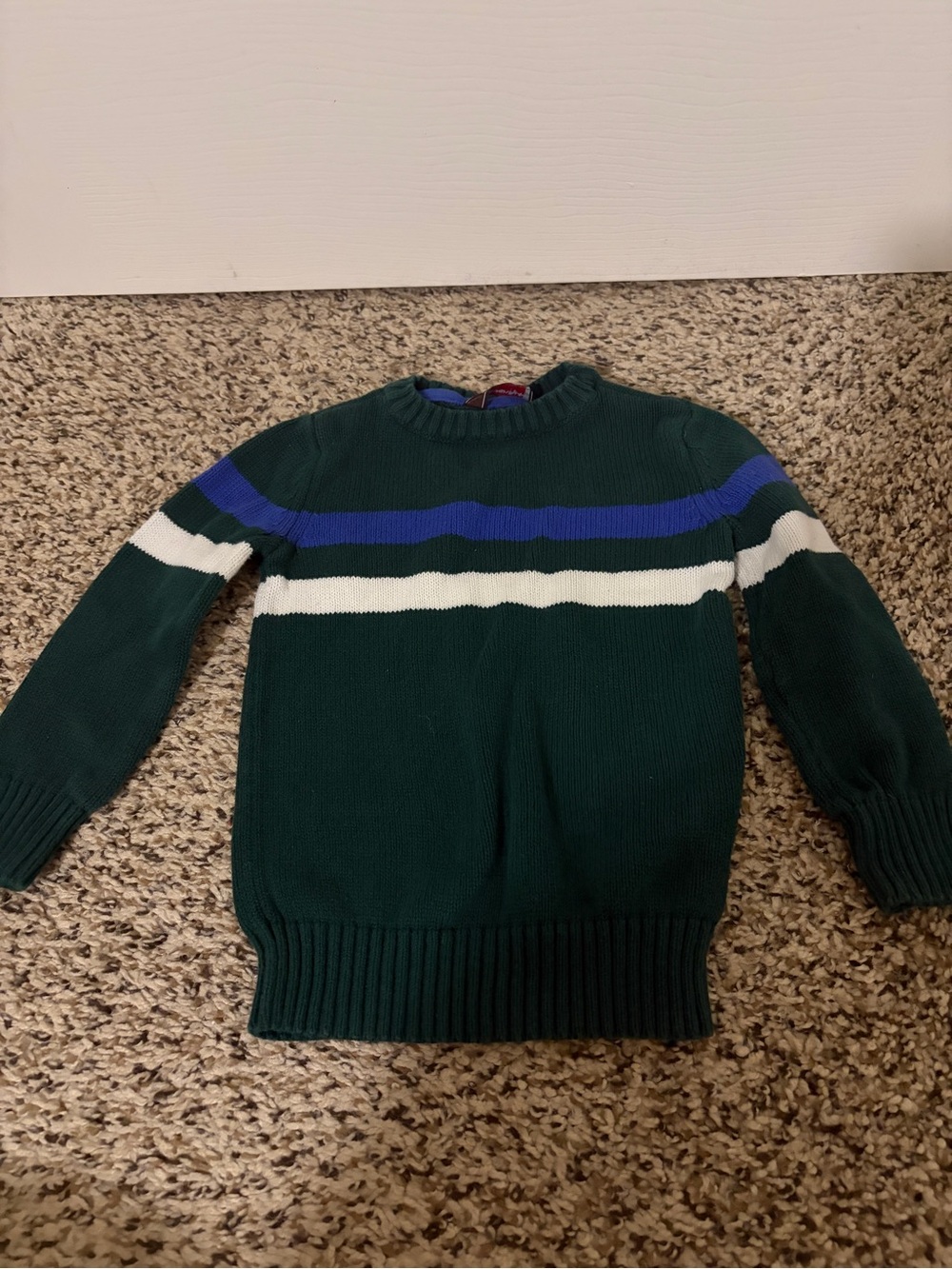 Children’s Classic Green Crewneck Sweater with Blue and White Stripes